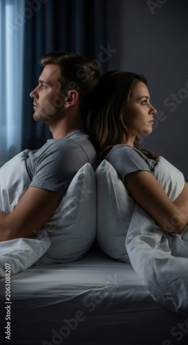 Upset man and woman sitting back to back in bed at night. Couple experiencing relationship difficulties and insomnia, showing sadness and disagreement.