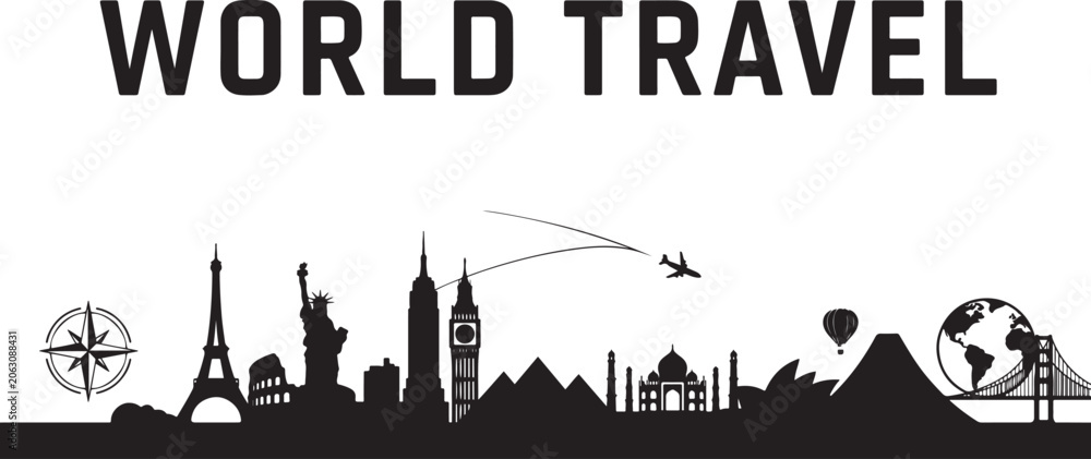 Obraz premium world travel vector Black concept. Vector Black silhouettes illustration