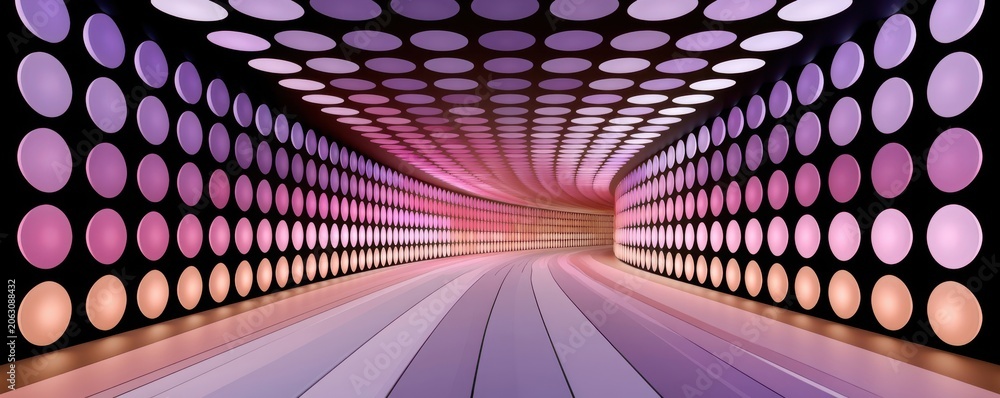 Fototapeta premium Futuristic purple tunnel with circular lights and glossy reflective floor