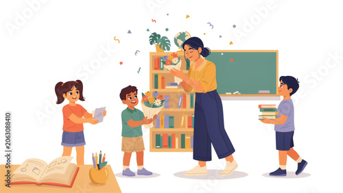 Foto Children learning and drawing colorful pictures with a teacher in a classroom