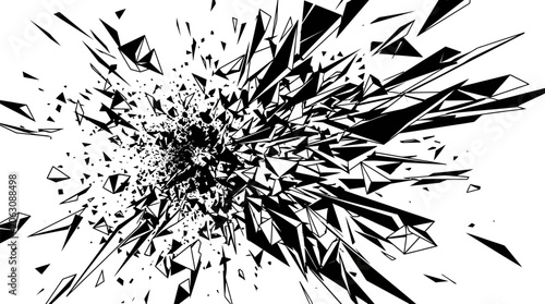 Shattered geometric fragments exploding in dynamic black and white monochrome vector background illustration