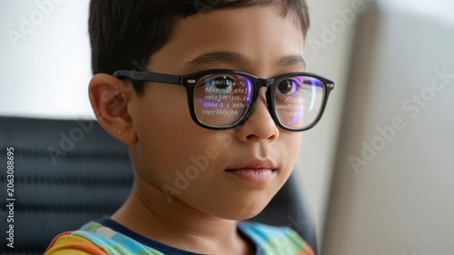 Young boy wearing blue light blocking glasses, child using computer with screen reflection in eyewear, digital eye strain protection for kids