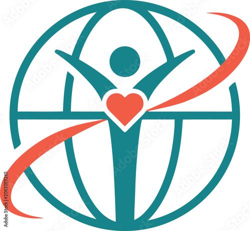 Global humanitarian care logo showing person with heart icon inside globe humanitarian community humanity abstract