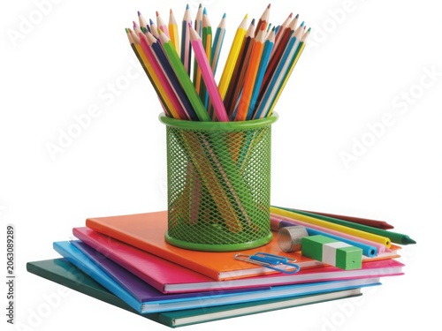 Colorful school supplies on white background, vibrant colored pencils in green mesh holder, stack of bright notebooks for education and creativity