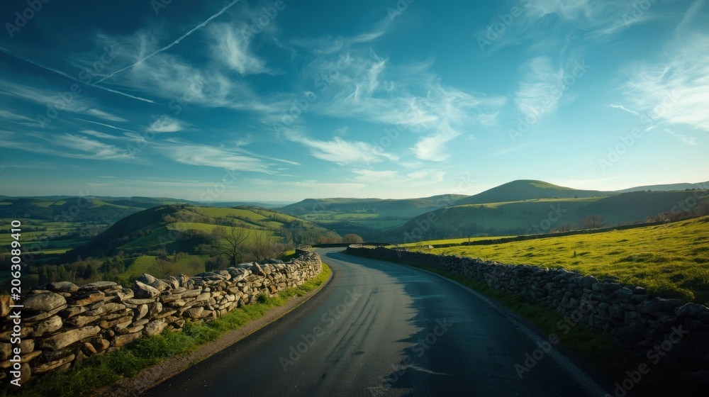 Fototapeta premium Scenic winding road with rustic stone walls traverses lush green hills and mountains under a vibrant blue sky with wispy clouds