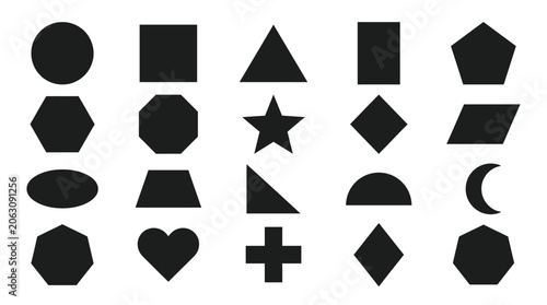 Minimalist black vector graphic set featuring various geometric shapes arranged in a clean grid layout