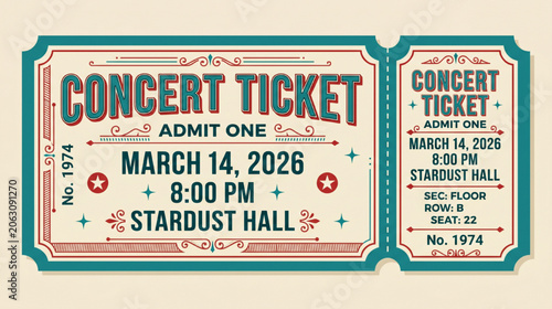 Photos Vintage Style Concert Ticket Illustration for Music Event Admission with Retro T