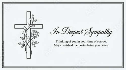 Quadro su tela Elegant Christian Sympathy Card with Line Art Cross and Rose for Funeral Condole