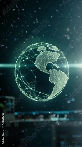 Holographic Digital Earth Globe Floating with Glowing Network Lines, Global Connectivity and Data Concept