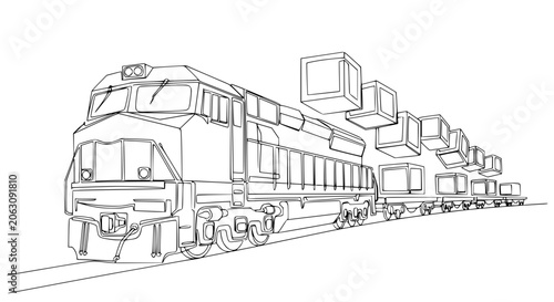 Modern Cargo Train with Floating Cubes - Logistics and Delivery Concept