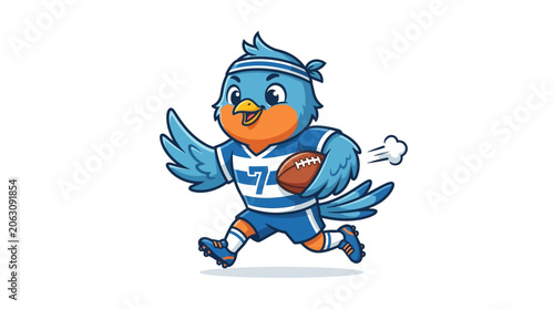 Cartoon blue bird mascot running with football, wearing sports uniform