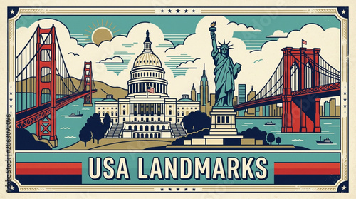 Fotografie Illustrated Scenic View Featuring Iconic American Monuments and Famous Architect