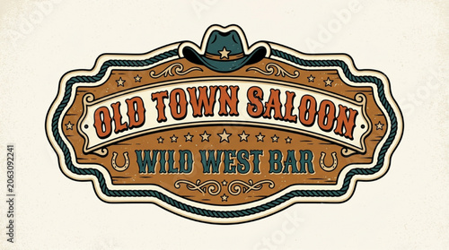 Foto Vintage Old Town Saloon and Wild West Bar Sign Illustration with Cowboy Hat and