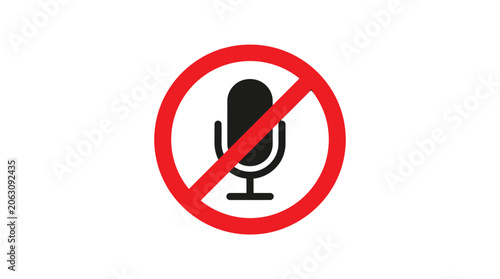 Minimalist vector illustration of a red circular forbidden sign featuring a black microphone icon inside