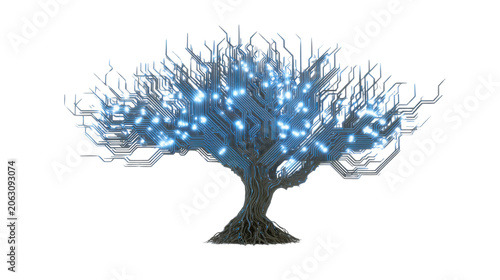 Futuristic artificial intelligence inspired digital circuit tree glowing neural network technology concept abstract innovation blue light visualization design on white background