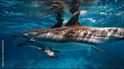 Two Dolphins Swimming Gracefully Underwater in Clear Blue Ocean Water.