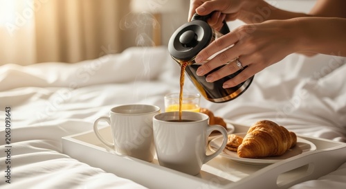 Person pouring coffee into cup on tray.