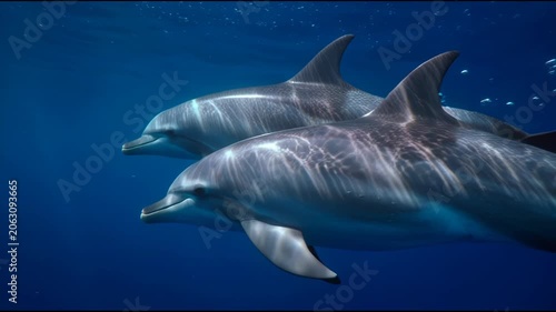 Two Dolphins Swimming Gracefully Underwater in Deep Blue Ocean.