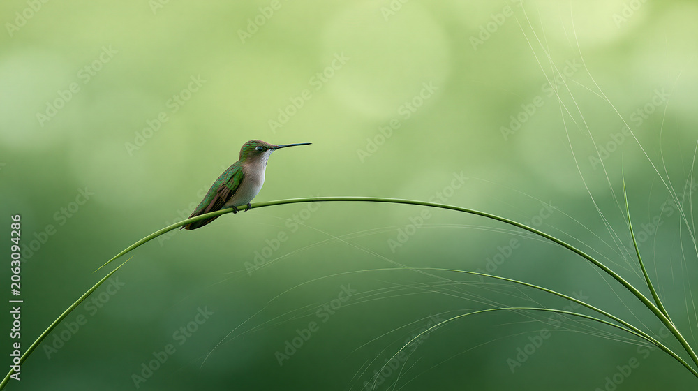 Fototapeta premium Hummingbird Perched on Green Grass Blade