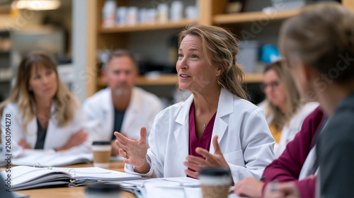 Pharmacist educator leading continuing education session for pharmacy technician staff gathered around table in pharmacy break room, controlled substance handling protocol update after regulatory ch