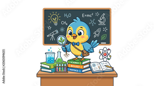 Cute Bird Scientist with Magnifying Glass, Lab Equipment, and Science Blackboard