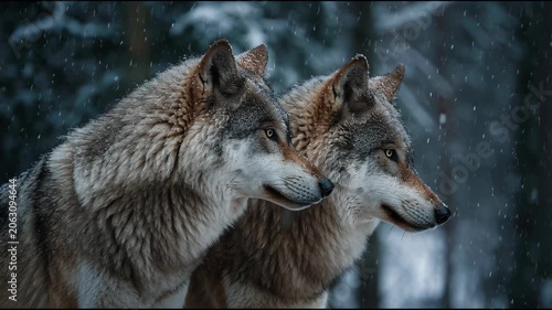 Two Majestic Wolves in a Winter Forest.