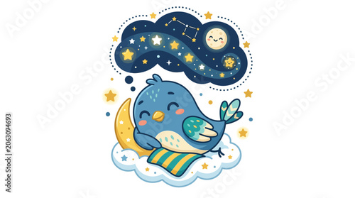 Cute bird sleeping on moon with starry night cloud cartoon