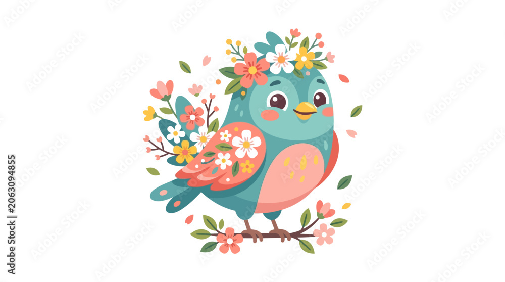 Obraz premium Cute Bird with Flower Crown Perched on Branch, Springtime Illustration