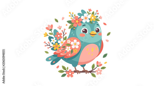Cute Bird with Flower Crown Perched on Branch, Springtime Illustration