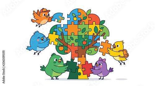 Cute birds build a puzzle tree, teamwork, community, growth, education