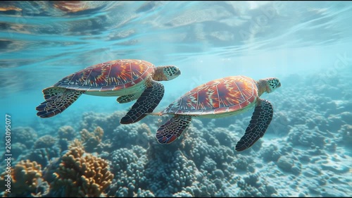 Two Sea Turtles Swimming Gracefully Over Coral Reef.