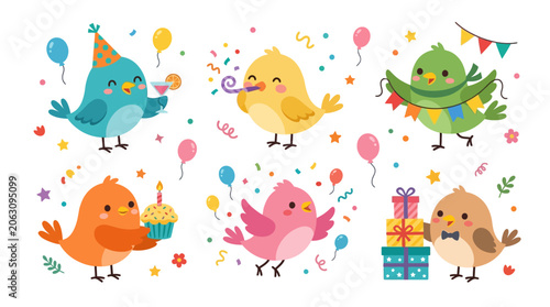 Cute Birds Celebrate Party with Balloons, Confetti & Gifts