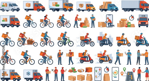 Tableau sur toile Last Mile Delivery Service Collection with Courier Workers, Cargo Vehicles, Parc