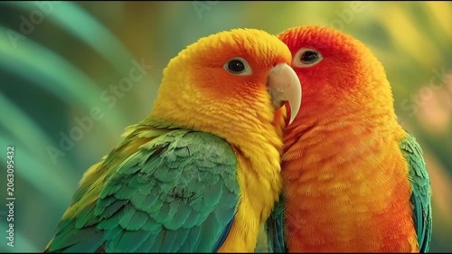 Two Vibrant Parrots Cuddling in a Tropical Setting.