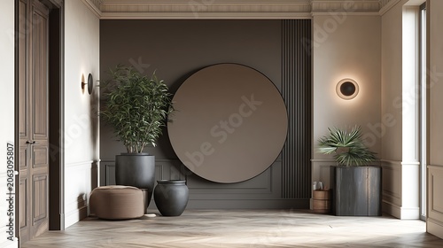 Modern luxury hallway interior with round wall mirror and indoor plants