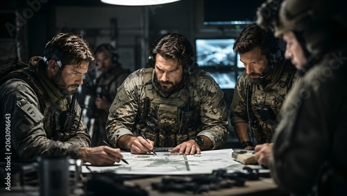 Military Team Leaders Planning Strategic Operation Around Tactical Command Table
