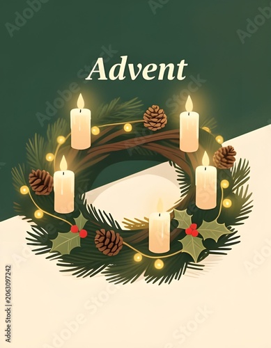 Traditional Advent Wreath with Candles and Seasonal Christmas Decoration