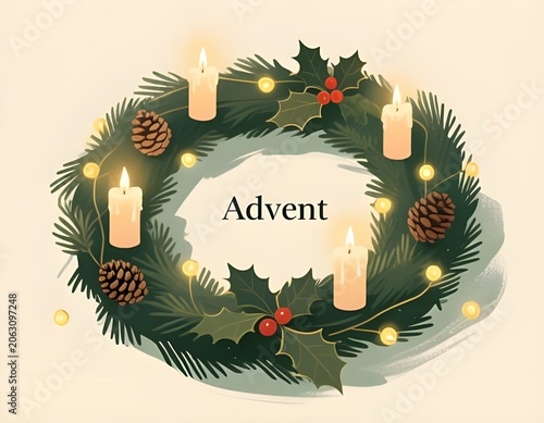 Traditional Advent Wreath with Candles and Seasonal Christmas Decoration