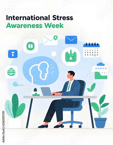 Workplace Stress Management and Mental Wellbeing Illustration for Awareness Campaign
