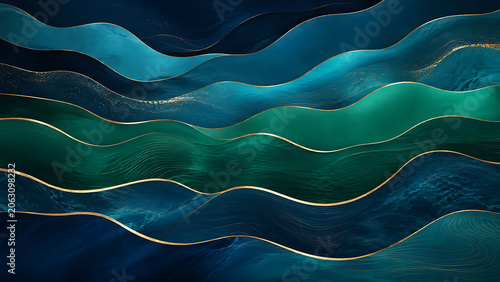 Business Splash Screen with Emerald Blue Abstract Waves and Gold Lines Premium Background