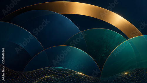 Business Splash Screen with Emerald Blue Abstract Waves and Gold Lines Premium Background