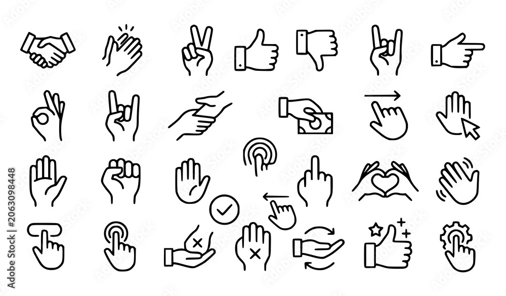 Naklejka premium Hand Gesture Line Icon Pack Featuring Communication Signs, Social Actions, UI Controls, Donation and Interaction Hand Symbols