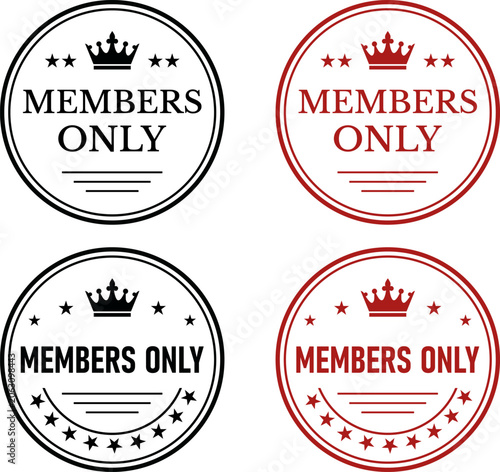 Members Only Stamp Set – Black Red Crown Circle Retro Badge Label Collection Flat Vector Illustration
