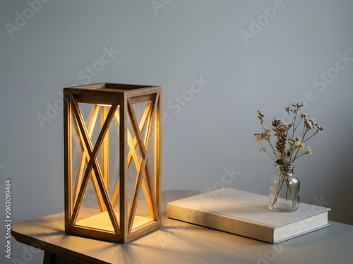 Modern wooden lantern lamp glowing with warm light on a table next to a book and dried flowers