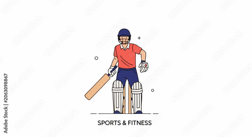 Fototapeta premium A cartoon illustration of a cricket player wearing protective gear and holding a bat