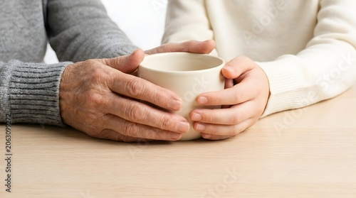 Close up of senior and young hands holding warm ceramic mug together to show care support and love