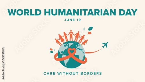 World humanitarian day conceptual illustration with people holding hands around earth globe for global aid, volunteer
