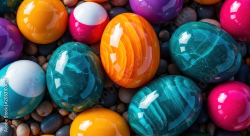 Colorful Easter eggs on small pebbles or stones  shiny decorative objects