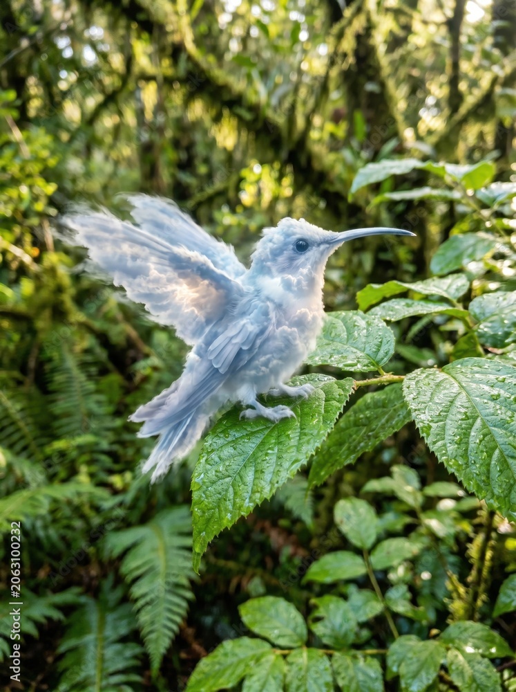 Fototapeta premium A hummingbird made of clouds perched on a leaf.