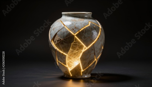 Cracked ceramic vase illuminated with golden cracks against a dark background. Use: home decor, art gallery, interior design.